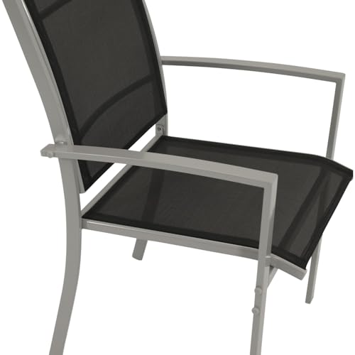 DEGAMO Gartengarnitur Pino 5-teilig, 4X Stapelsessel mit Stahlgestell und Kunstgewebebespannung 2 * 1 schwarz, 1x Tisch 70x120cm mit Stahlgestell und Glasplatte