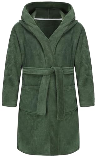 SWMSTUPF Boys Girls Bathrobe Soft Towel Hooded Robe Terry Cloth Cotton Bathrobe (US, Age, 9 Years, 10 Years, Military Green)