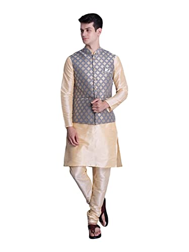 Image of Ethluxis Men's Silk Blend Navy Kurta Pyjama Set with Bundi Nehru Jacket Waistcoat