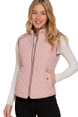 NE PEOPLE Womenâ€™s Quilted Vest â€“ Lightweight Sleeveless Full Zip Up Casual Stand Collar Padding Gilet Jacket with Pockets NEWV40 Beige Pink L