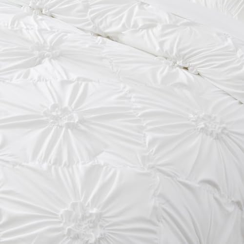 Image of White Comforter Set Queen Size Bed in A Bag 7 Piece Pinch Pleat Bedding Set,Pintuck Ruched Flowers Bed Set with Comforter, Sheets, Pillowcases & Shams