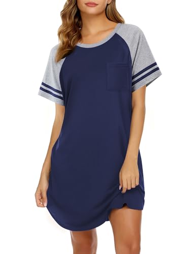 Image of Ekouaer Nightgowns for Women Color Block Sleep Shirt Short Sleeve Sleepwear