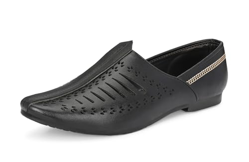 Image of Ethnic Jutti & Mojri Shoes for Men | Traditional Nagra Style Footwear | Slip On Design | Closed Toe Pattern | Cultural Wear Mens Shoes | Black Color