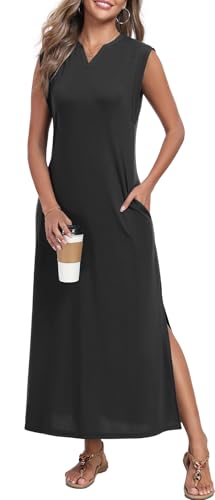 Women's Summer Slit Maxi Dress Casual V Neck Loose Long Dresses with Pockets(XS-3XL)