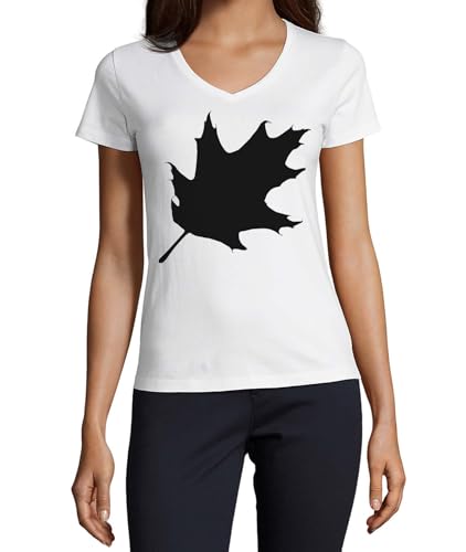 T-shirt col en V coton femme doux et respirant motif automne blanc
