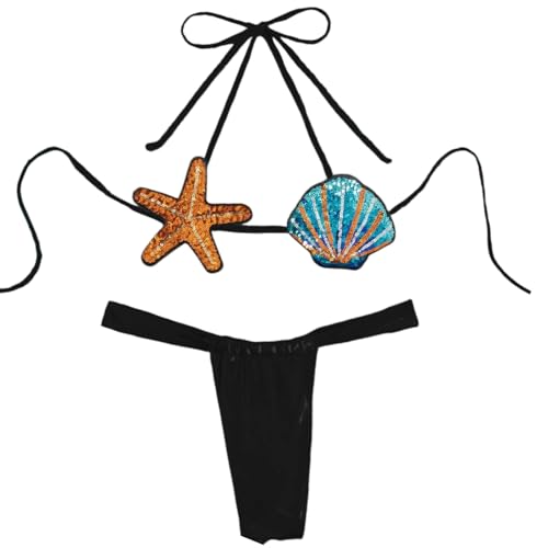 Gyios bañador Conjunto De Bikini Push-up con Lentejuelas para Mujer – Micro Traje Baño Dos Piezas Concha Estrella Mar, Estilo Brasileño Sexy Playa, Piscina Y Vacaciones-Negro 1-s