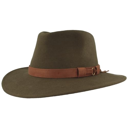 Breiter Sombrero de Fieltro Enrollable para Exteriores, 100% Lana, Impermeable, Plegable, Ribete de Piel Cuero, Hhombre y Mujer, Verde Oliva-Flecos 56