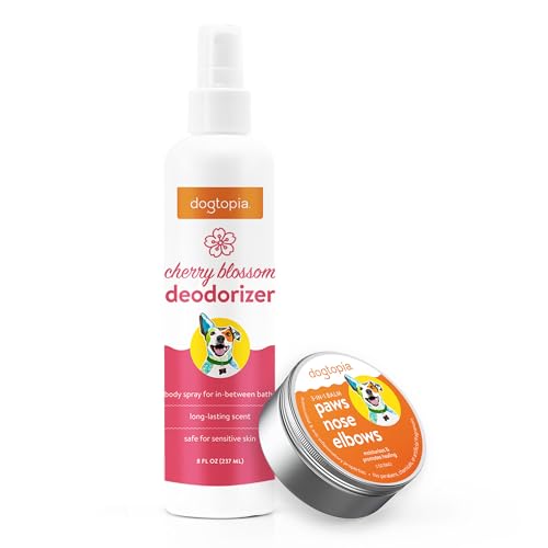 Dogtopia 3-in-1 Paw Balm & Deodorizer Spray - Between Baths Bundle for Pets | Moisturizing Balm for Cracked Skin (2oz) & Long-Lasting Cherry Blossom Odor Eliminator (8oz) for Dogs & Cats