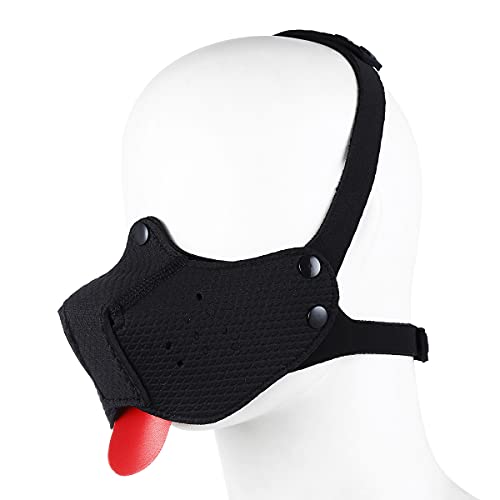 Puppy Hood Mask Dog Head Hood Mask Face Muzzle With Removable Tongue Cover Cosplay Dog Full Face Bondage Cosplay Party (Black Adjustable)