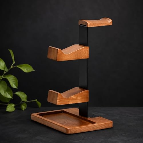 Image of Wood and Metal Headset Stand with Storage Tray Two Shelves Headphone Stand with Tray Curved Hanger Desktop Headphone Holder Sturdy for Gamers, Gaming Setup, as Shown