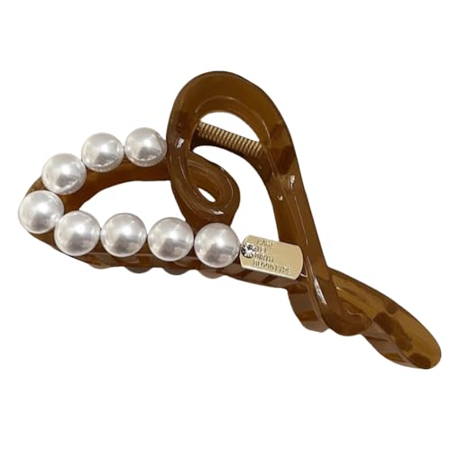 Pince à cheveux grand format en métal et peluche marron avec perles élégantes