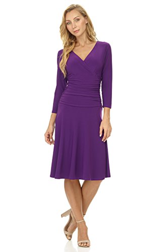 Rekucci Women's Slimming 3/4 Sleeve Fit-and-Flare Crossover Tummy Control Dress (6, Grape)