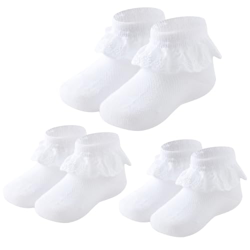 Baby Girls Socks Eyelet Ruffle Lace Frilly Dress Socks for Toddler 3 Pairs (White, 12-24 Months)