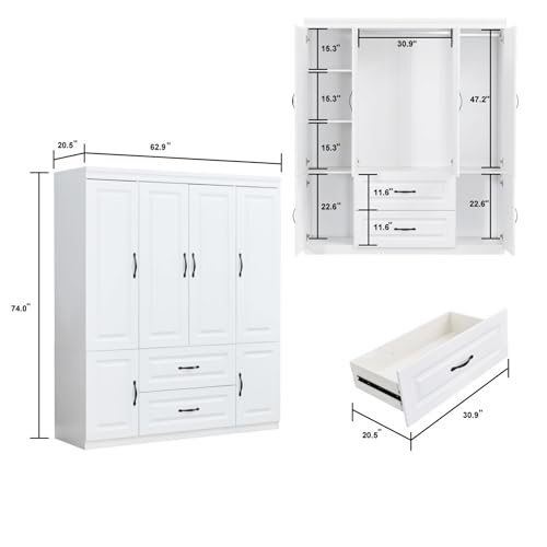 4-Doors-Classic-White-Large-Freestanding-Wardrobe-Armoire-Wooden-Closet-Cabinet-with-Hanging-Rod-Shelves-Bedroom-Clothes-Storage-Bathroom-Wood-Organizer205-D-x-63-W-x-710-H 4 Doors Classic White Large Freestanding Wardrobe Armoire Wooden Closet Cabinet with Hanging Rod Shelves Bedroom Clothes Storage Bathroom Wood Organizer205 D x 63 W x 710 H