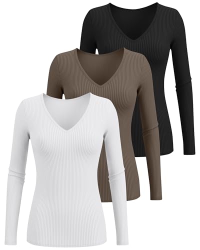 Ficerd 3 Pack Women's Long Sleeve T Shirts Cotton V Neck Slim Fit Tops Ribbed Knit Layering Casual Basic Tees Fall(Black, White, Coffee,Large)
