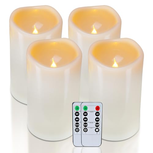 Image of Homemory 4 inch x 6 inch Large Waterproof Outdoor Flameless Candles, Battery Operated Flickering LED Pillar Candles with Remote and Timers for Indoor Outdoor Lanterns, Long Lasting, Dark Ivory, Set of 4
