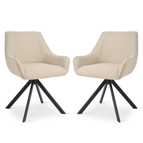 Goeurvant Swivel Dining Chairs Set of 2 with Armrests,360° Swivel Upholstered Chairs,Modern Linen Rotary Chair,Kitchen Chair with Metal Frame and Backrest for Dining Room,Living Room,Office, Beige