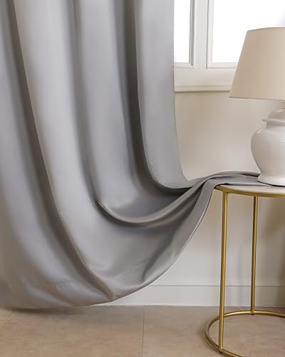 Image of The Home Story Pearl Grey Blackout Eyelet Long Door Curtains Set of 2, (9 Feet) 54 x 108 Inches, Room Darkening & Noise Reduction Curtains with Tiebacks