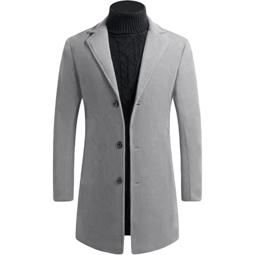 Maiyifu-GJ Mens Wool Blend Trench Coat Mid-Length Notched Collar Long Top Pea Coats Business Single Breasted Jacket Overcoat
