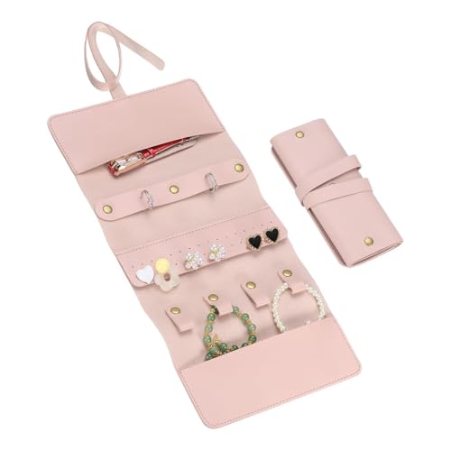 AKEIE Travel Jewelry Roll Bag Premium Foldable Travel Jewelry Organizer Case Portable Jewelry Pouch for Traveling Rings Necklaces Earrings Bracelets Jewelry Storage,Pink