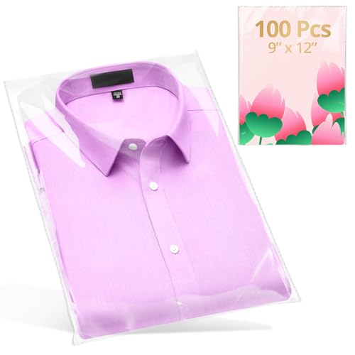 100 Pcs Clear Self Sealing Cellophane Bags 9x12 Inches for Packaging Clothes Resealable Poly Plastic Shirt Bags for Small Business Plastic Sleeves for Magazine A4 Letter Size Artwork (2.8Mils)