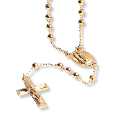 Virgen de Guadalupe Gold 14k Rosary, Our lady of Guadalupe gold laminated 14k Y necklace, Jesus Christ Cross, Mexican Catholic Religious Jewelry, First communion Baptism Godfather Godmother