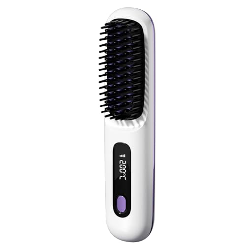 HIULLEN Cepillo alisador inalámbrico, cepillo alisador de pelo, mini plancha de pelo, cepillo alisador portátil, recargable, 160-200 ℃, 3 niveles, temperatura ajustable, cepillo alisador de pelo para