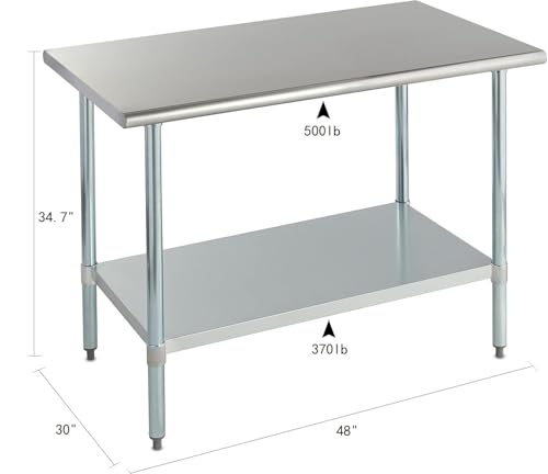 Image of ROCKPOINT Stainless Steel Table for Prep & Work 30x48 Inches, NSF Metal Commercial Kitchen Heavy Duty Table with Adjustable Under Shelf and Table Foot for Restaurant, Home and Hotel