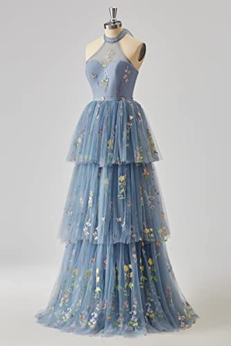 Cudiew Flower Embroidery Tulle Prom Dress for Women Halter Formal Floral Party Gowns Floor Length4