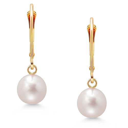 Gem Stone King 14K Yellow Gold Cultured Freshwater Pearl Earrings For Women | 7MM White Round Shape Dangling | Fine Jewelry Gifts for Her Mom Women Wife3