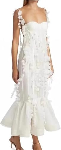 Women White Tassel Hem Gown 3D Floral Tulle Beach Wedding Resort Dress Elegant Maxi Summer2