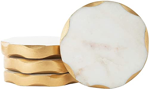 James Scott Marble Coasters - Set of 4 Round Natural Coasters with Gold Edges - Beautiful Gift