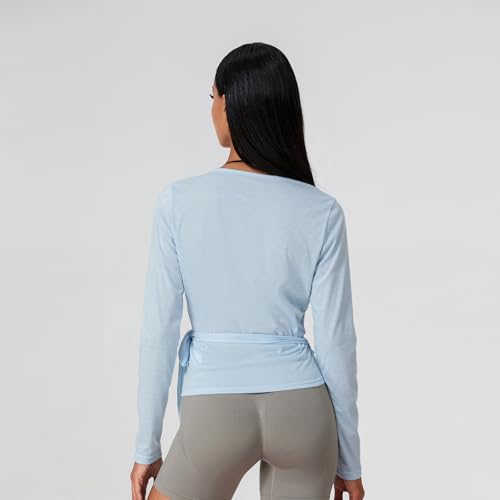 Felcia Frauen Y2k Ballett Wrap Top Langarm Tiefer V-Ausschnitt Slim Fit Yoga Pilates Ballet Workout Tops Frühling Kleidung (A-Lake Blue, L)