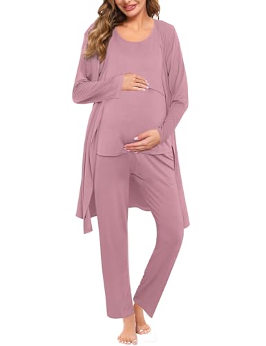 Image of SWOMOG Maternity Nursing Robe Set 3 Piece Women Postpartum Pajamas Breastfeeding Hospital Labor Delivery Pregnancy Pjs, Taro Purple Medium