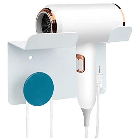 TANOSAN Hair Dryer Holder Wall Mount, No Drilling Metal Hair Dryer Storage Holder, White Hair Dryer Rack Bracket Stand Bathroom Accessories, Suitable for Most Hair Dryer Cover