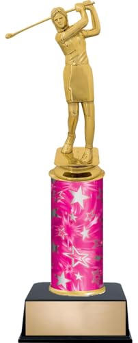 11.25" Golf Female Trophies - Custom Engraved Golf Pink and Silver Star Column Trophy Awards