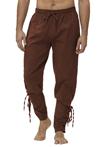 ORANDESIGNE Pantalon médiéval Renaissance pour Homme Taille élastique Confortable avec Cordon de Serrage Costume de Pirate A Marron L