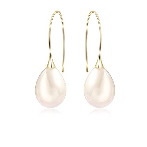 925 Sterling Silver Big White Teardrop Pearl Dangle Drop Earrings for Women Lightweight Simple Gold Hoop Dainty Pearl Dangling for Brides Weddings