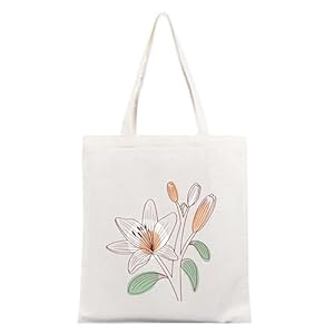 Canvas Tote Bag with Floral Lily Design, White Cotton, Long Handle 7