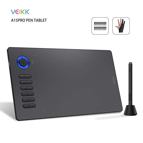 VEIKK A15PRO 10×6 inch Digital Graphics Drawing Tablet with 8192 Pen Pressure Sensitivity (12 shortcut keys and unique quick dial design) (Blue)