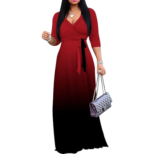 Image of PinkPatty Women's Plus Size Maxi Dress Casual 3 /4 Sleeve Dress with Belt | Soft stretch feel, printed style, flowy A-line fit, v neck, waist tie, side pockets, for vacation, party and daily wear