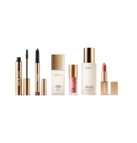 MERODA Xmas Bundle – 6-Piece Full Face Makeup Gift Set – Includes Color Changing Foundation, Blurring Primer, Mascara, Matte Lipstick, Liquid Blush & Eye Shimmer – Luxury Beauty Gift for Women