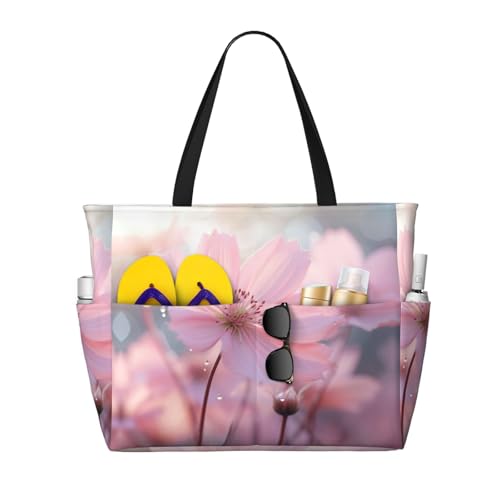 Pink Flower Print Large Capacity Foldable Washable Zipper Beach Travel Tote Bag ShoppingBag