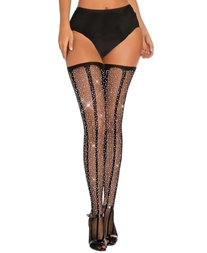 FANCAME Womens Sparkle Thigh High Stockings Patterned Floral Black Stockings Rhinestone Stay Ups Socks Tights2