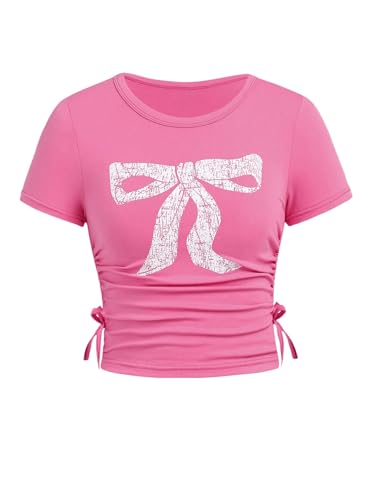 Image of SHENHE Girl's Cute Graphic Tee Bow Print Crew Neck Ruched Drawstring Fitted Crop Tshirt Top Pink 15 Years