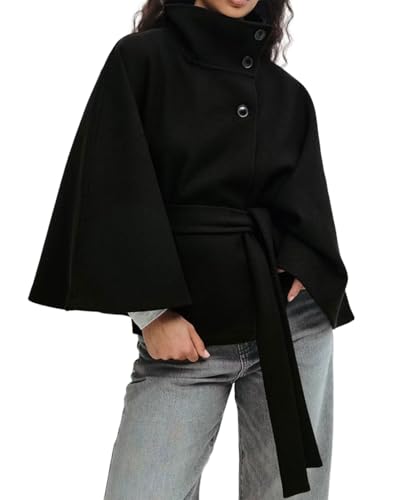 CHARTOU Women Batwing Sleeve Ponchos Pea Coat Wool Stand Collar Belt Capes Jacket Winter Cropped Overcoat (Medium, Black)