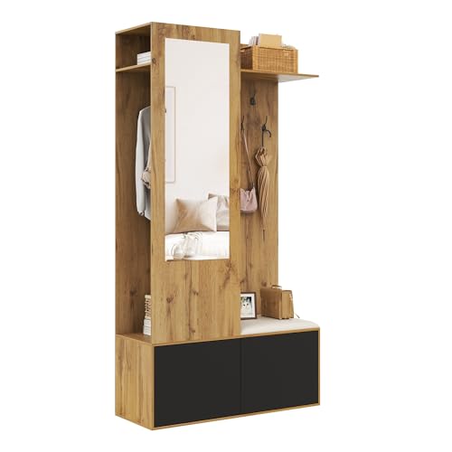 Merax Ensemble de garde-robe pour couloir 191 x 100 x 38 cm avec miroir, armoire à chaussures, banc, 5 crochets, penderie moderne avec beaucoup d'espace de...