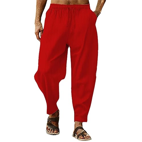 Pantaloni da uomo in cotone e lino, traspiranti, larghi, estivi, spiaggia, vacanze, casual, jogging, sport, ad asciugatura rapida, leggeri, con elastico in vita e coulisse, Rosso, XL