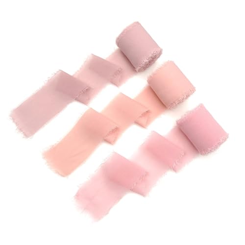 JZK 3 rollos de cinta de gasa con borde crudo rosa polvoriento, 5 m/rollo, cintas de gasa deshilachada de 4 cm de ancho para regalos, cinta de invitación de boda, juego de cintas de envoltura de