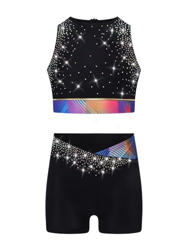 Girls Sparkly 2 Pcs Dance Outfit Rhinestone Sleeveless Crop Top with Shorts Gymnastics Sports Sets3